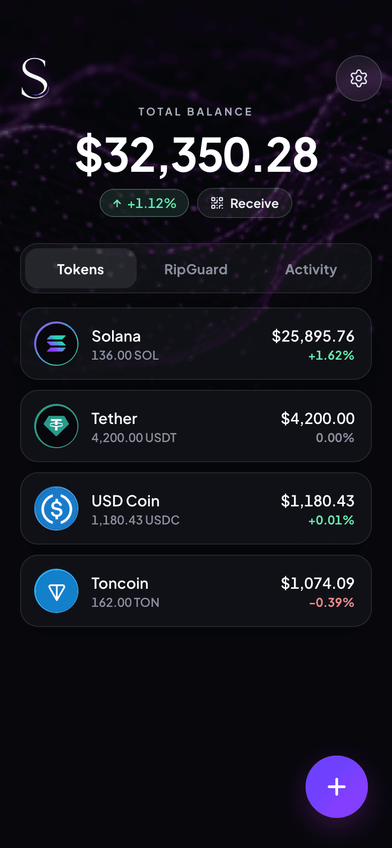 Selv wallet with its asset list, receiving-address action and activity tab. Illustrative balances.